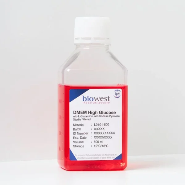 Product image of a 500 ml bottle of DMEM High Glucose without L-Glutamine without Sodium Pyruvate