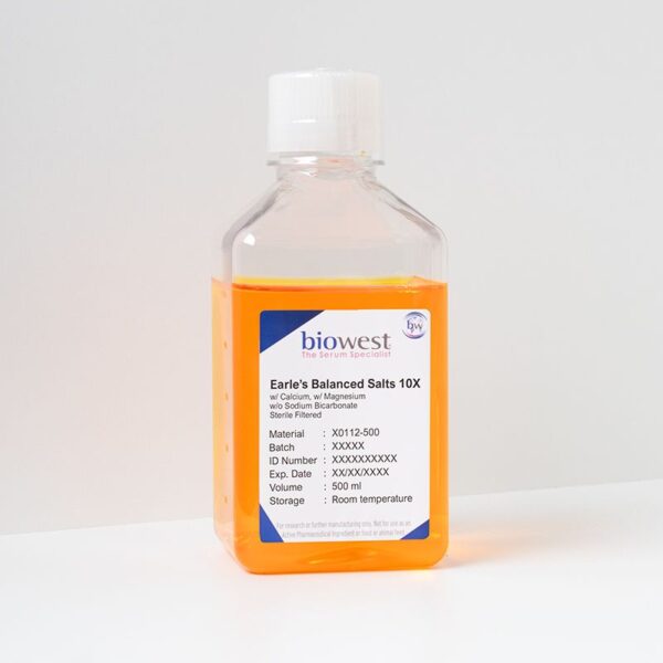 Bottle of Earle’s Balanced Salts Solution (EBSS) 10X w/ Calcium w/ Magnesium w/o Sodium Bicarbonate – X0112