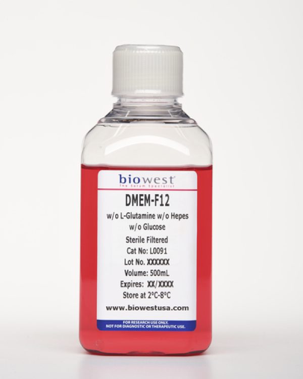 Photo of a 500 ml bottle of DMEM-F12 without L-Glutamine without Hepes and without Glucose
