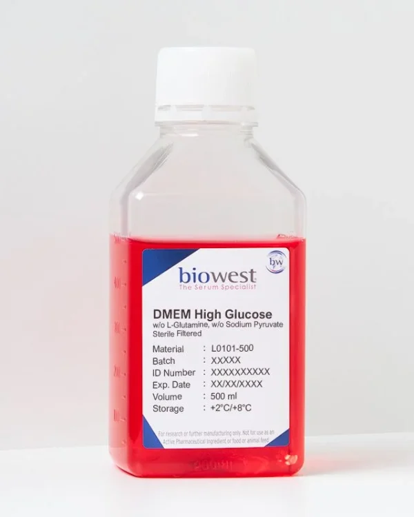 Product image of a 500 ml bottle of DMEM High Glucose without L-Glutamine without Sodium Pyruvate