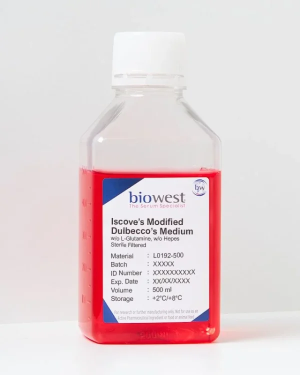 Bottle of Iscove’s Modified Dulbecco’s Medium w/o L-Glutamine w/o Hepes.