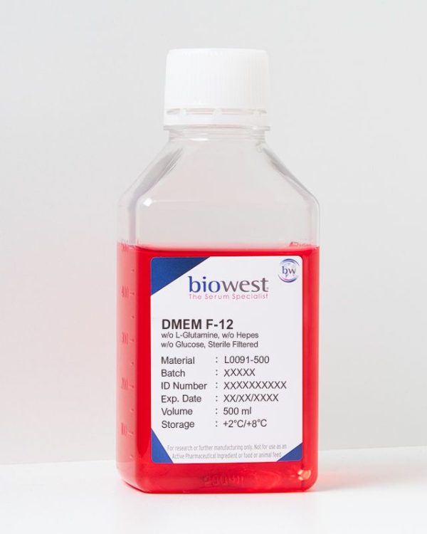 Photo of a 500 ml bottle of DMEM-F12 without L-Glutamine without Hepes and without Glucose