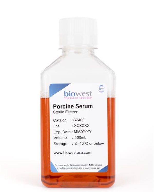 Porcine Serum - 500 ml bottle seen from the front. Sourced from the US.