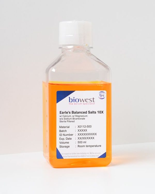 Bottle of Earle’s Balanced Salts Solution (EBSS) 10X w/ Calcium w/ Magnesium w/o Sodium Bicarbonate – X0112
